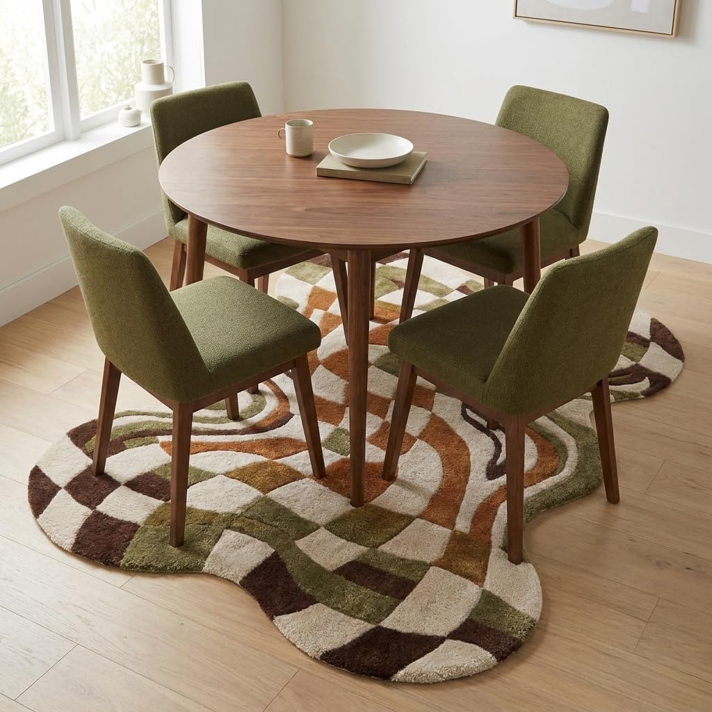 Warped Checkerboard Wool Rug, Hand-Tufted Retro Groovy Area Rug in Green, Rust & Cream, Irregular Shaped Wavy Checkered Carpet for Living Room & Bedroom, Boho Decor, 9x12 ft (274 x 365 cm)