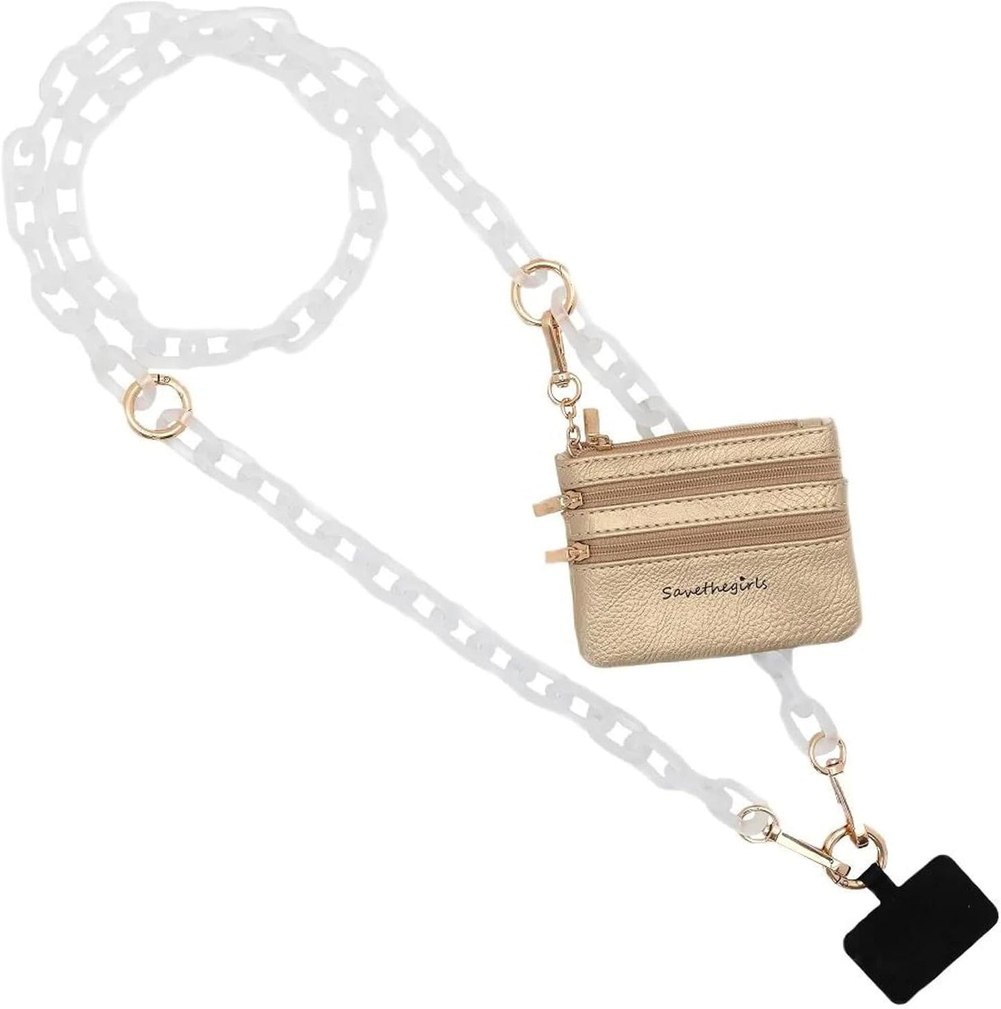 Save the Girls Clip & Go Phone Chain Crossbody with Wallet for Women, White Crossbody Cell Phone Chain Strap with Zippered Wallet Pouch. Adjustable, Anti-Theft Hands-Free Phone Holder for Women.