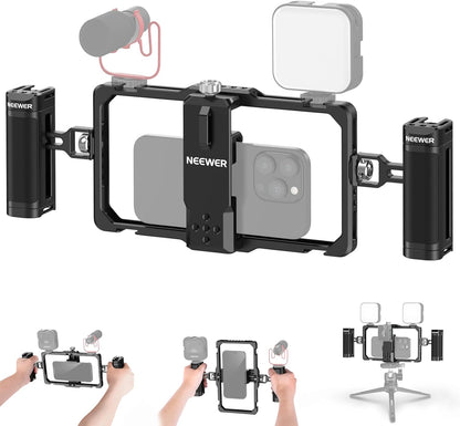 NEEWER Upgraded Phone Rig Vlogging Kit, Video Stabilizer with Dual Handle, Wireless Mic Clip Slot for TikTok YouTube, Compatible with SmallRig iPhone 17 Pro Max 16 16e 15 Galaxy S25 Ultra, PA009