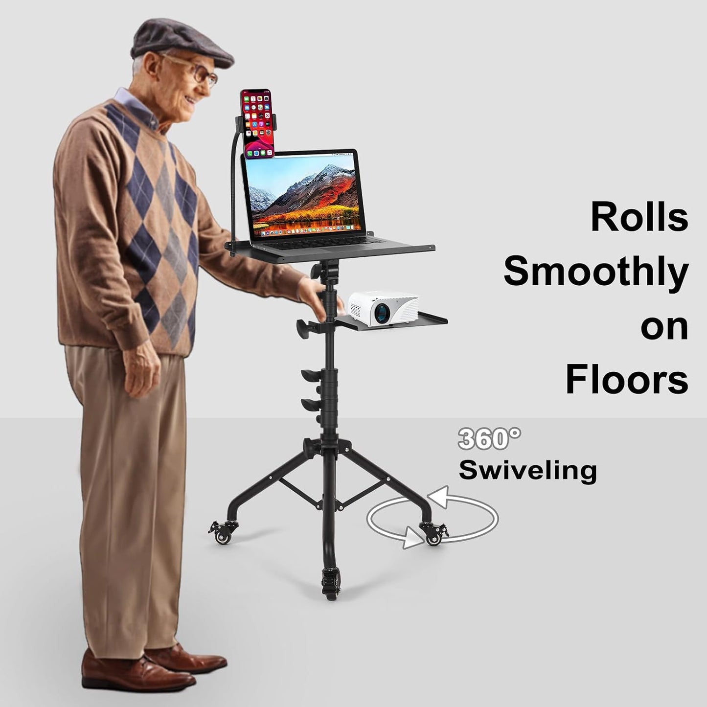 Tossbiss Laptop Tripod on Wheels with 2 Shelves Portable Projector Floor Stand Adjustable Height 25.9 to 51.8 Inch with Phone Holder, Projector Stand