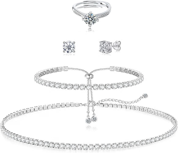 HAXIYA Tennis Necklace Bracelet Jewelry Set for Women, 4-Piece Silver Plated Brass Jewelry Set with Cubic Zirconia Necklace, Bracelet, Earrings & Adjustable Ring, Bridal Wedding Jewelry