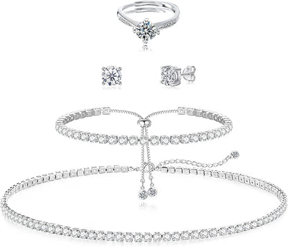 HAXIYA Tennis Necklace Bracelet Jewelry Set for Women, 4-Piece Silver Plated Brass Jewelry Set with Cubic Zirconia Necklace, Bracelet, Earrings & Adjustable Ring, Bridal Wedding Jewelry