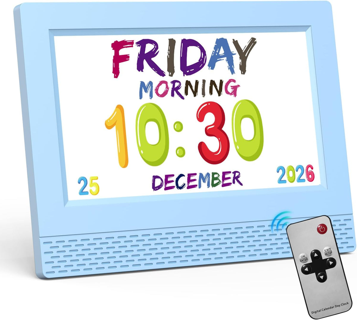 SENXINGYAN Kids Digital Alarm Clock, 7" Eye-Caring Display with Voice Scene Reminders, Cartoon Drawing Schedule Clock, Automatic Dimming, Blue
