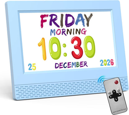 SENXINGYAN Kids Digital Alarm Clock, 7" Eye-Caring Display with Voice Scene Reminders, Cartoon Drawing Schedule Clock, Automatic Dimming, Blue