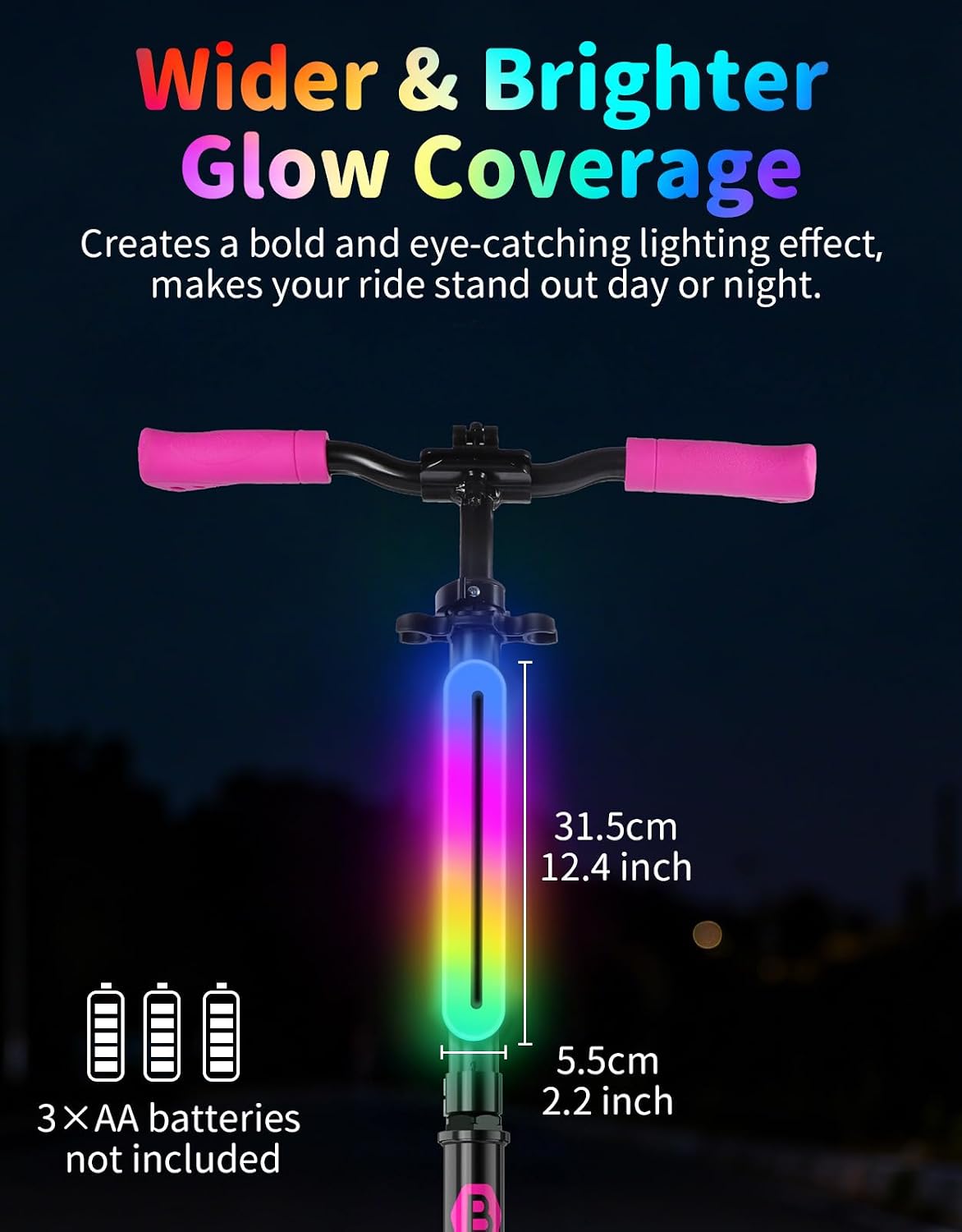 BELEEV LED Scooter Frame Light for Scooters & Bicycles, 11-Mode Color-Changing Night Riding Light, Battery Powered Strap-Mount Bike Accessory for Kids, Teens & Adults, Black
