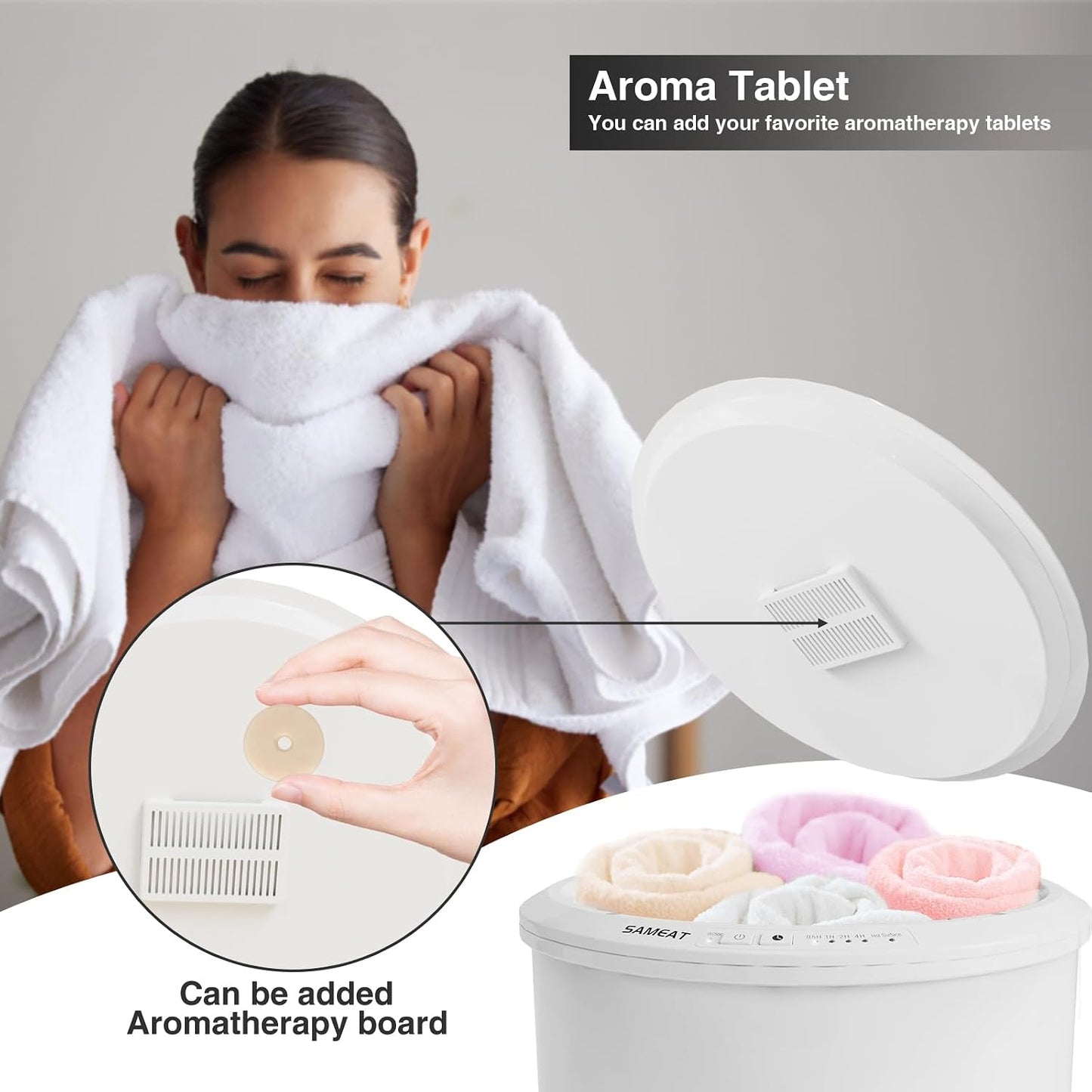 SAMEAT Heated Towel Warmers for Bathroom - Large Towel Warmer Bucket, Wood Handle, Auto Shut Off, Fits Up to Two 40"X70" Oversized Towels, White