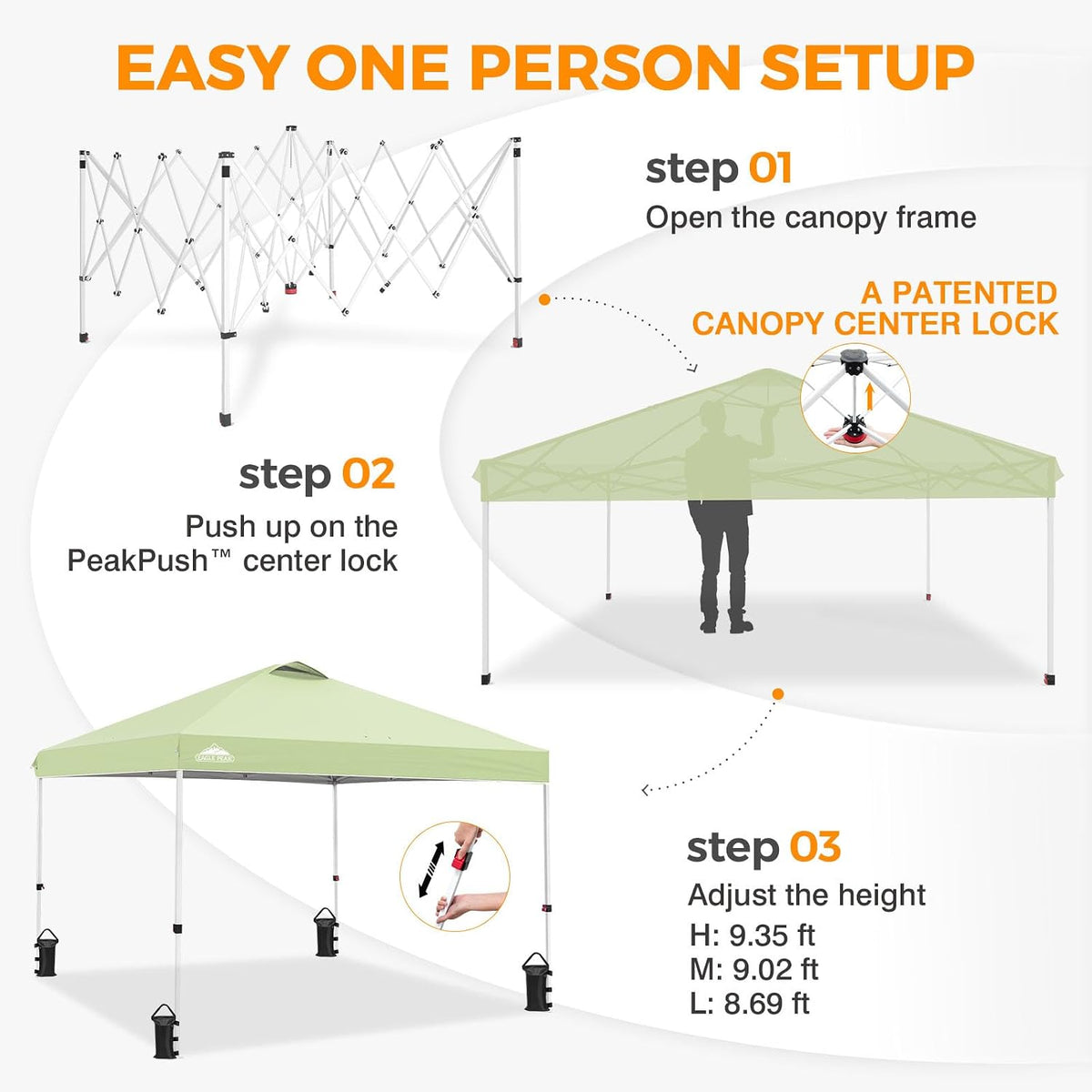 EAGLE PEAK 10x10 Pop Up Canopy Tent, Easy Setup Outdoor Canopy with Vented 150D Silver-Coated Top, Steel Frame, UPF 50+ Sun Protection & Weight Bags, Smoke Green