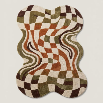 Warped Checkerboard Wool Rug, Hand-Tufted Retro Groovy Area Rug in Green, Rust & Cream, Irregular Shaped Wavy Checkered Carpet for Living Room & Bedroom, Boho Decor, 9x12 ft (274 x 365 cm)