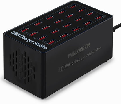 USB Charging Station,100W 20-Port Multi Smart Safety Fast Charger Station for Phone Tablet Watch Headphone PS, Compact Desktop Charger Home Office Travel