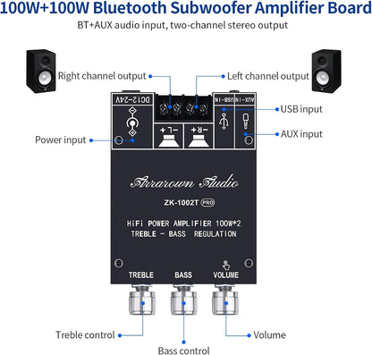 ZK-1002T RPO 2.0 Channel Bluetooth 5.0 Amplifier Board 200W AMP