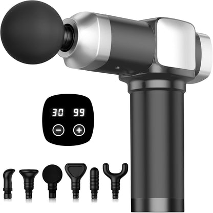 CAMEFER Deep Tissue Massage Gun, Handheld Percussion Muscle Massager with 30 Speeds and 6 Massage Heads, 12mm Amplitude, Rechargeable, Black Gray