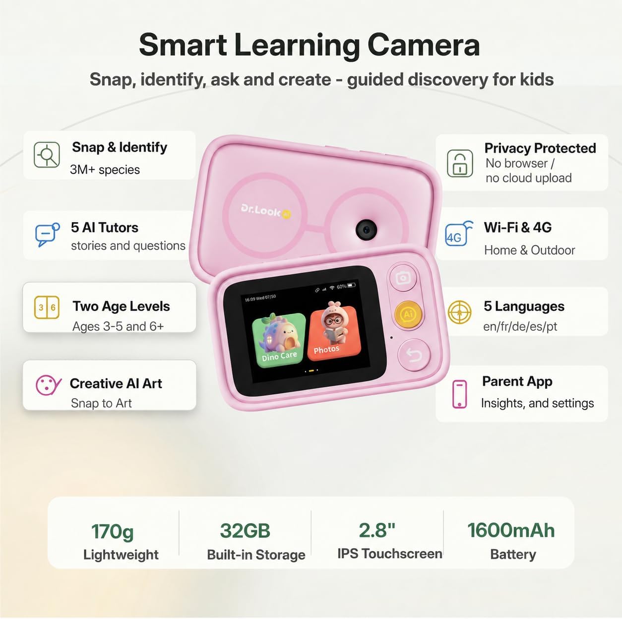 Kids Learning Camera for Ages 3-10, 5 Languages, Snap & Learn Recognition, Parent App Control, 4G LTE & Wi-Fi, 5 Learning Guides, 2.8-Inch Touchscreen, 32GB, Back to School Gifts, Pink