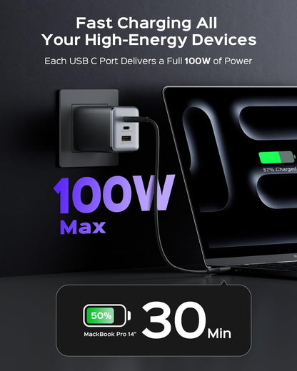 wegear 100W USB C Charger Block, 3-Port Wall Charger Fast Charging GaN Tech, Foldable Plug, Fast Laptop Charger Power Adapter for MacBook, iPad, iPhone 17/16/15 Series, Galaxy S25/S24, (Black)