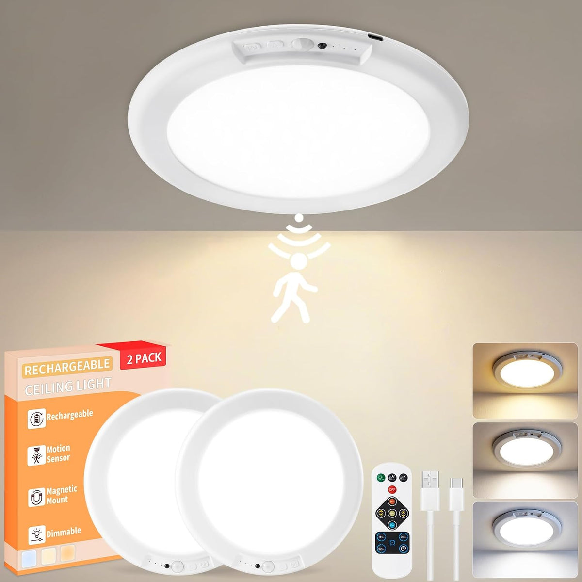 KYEKIO 2Pack Rechargeable LED Ceiling Light/Shower Light with Remote
