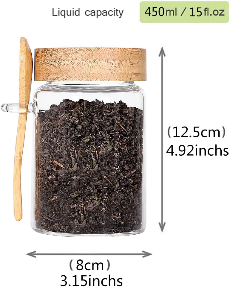 LEAVES AND TREES Y Glass Storage Jars with Screw Lids & Spoons, 6-Pack 16 OZ Airtight Food Containers, Borosilicate Glass Tea, Coffee, Sugar & Salt Jars