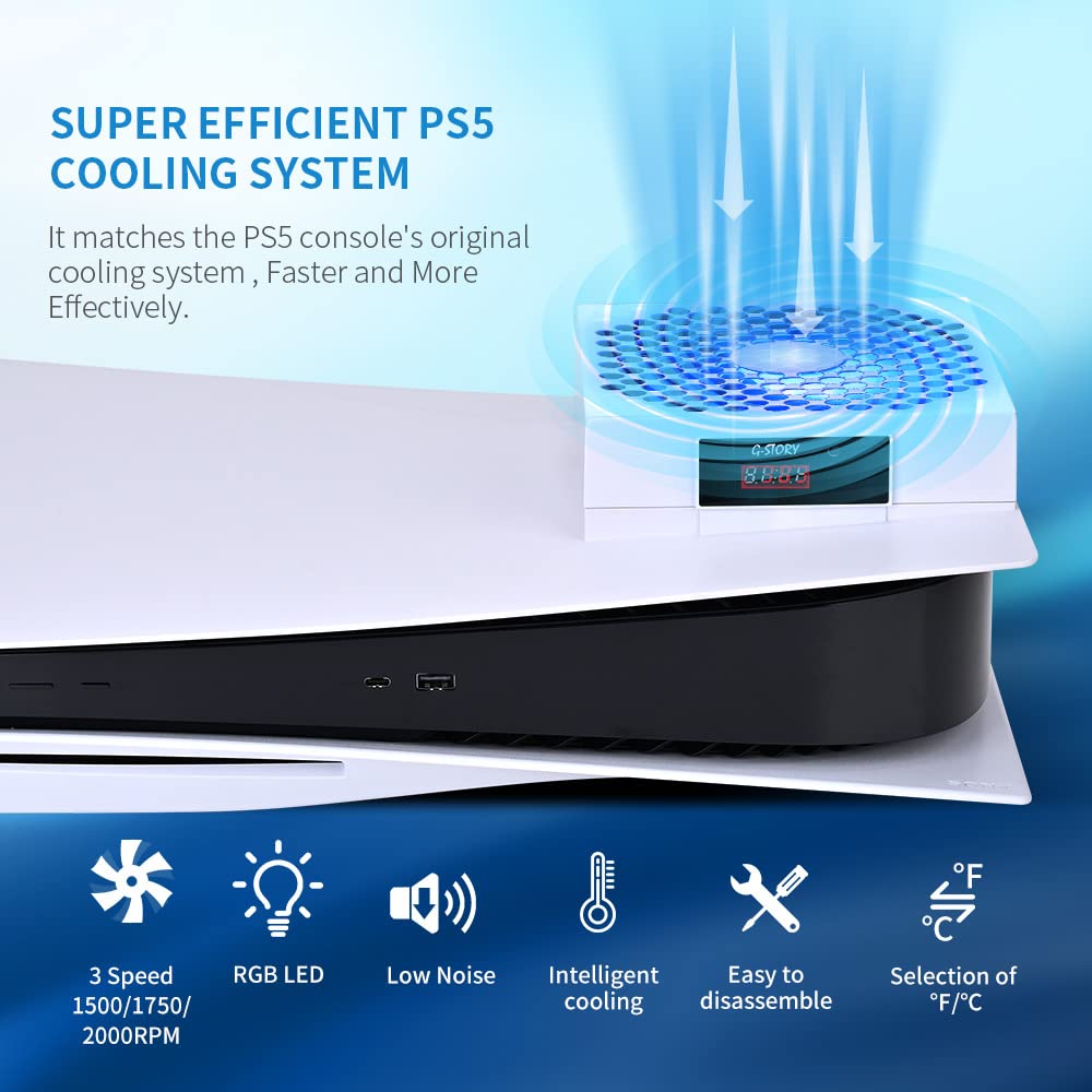 G-STORY PS5 Cooling Fan | Auto 3-Speed Adjustable Console Cooler with LED Temperature Display & RGB Lighting