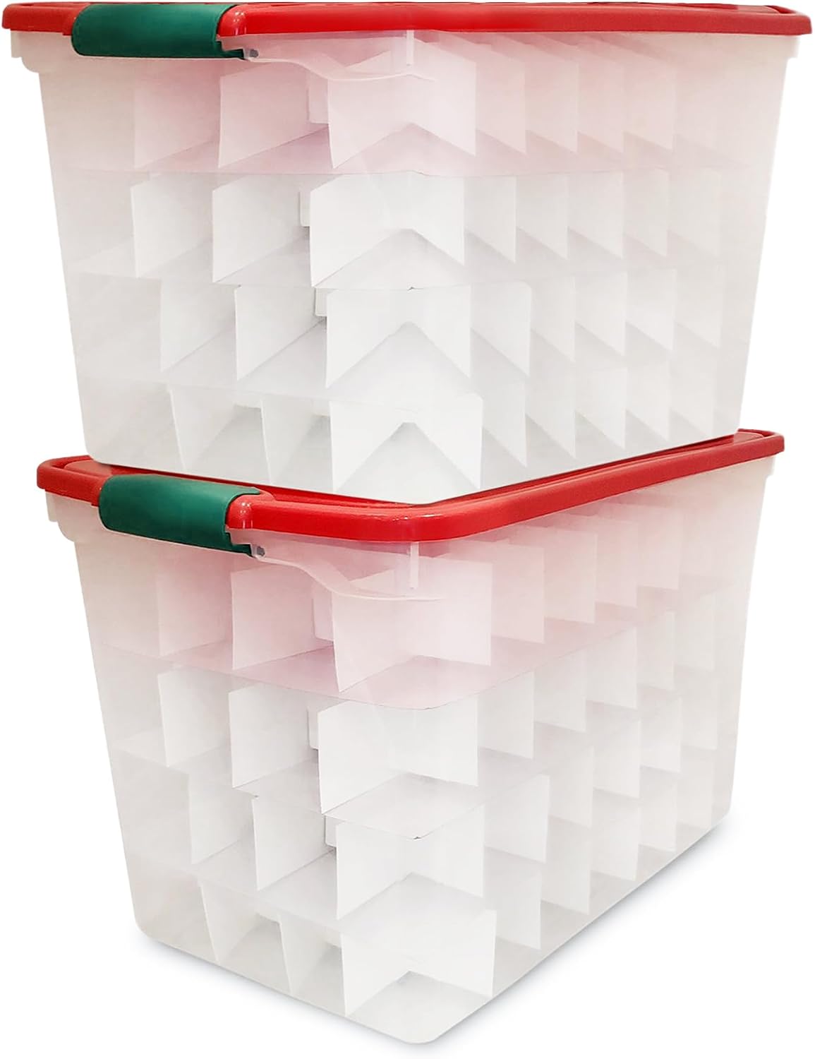 HOMZ Holiday Tote Plastic Storage Bin with Lid, 112 Qt, Clear/Red, 2 Pack Large Stackable Organization Container for Home, Garage, and Office Organization