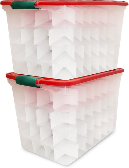 HOMZ Holiday Tote Plastic Storage Bin with Lid, 112 Qt, Clear/Red, 2 Pack Large Stackable Organization Container for Home, Garage, and Office Organization