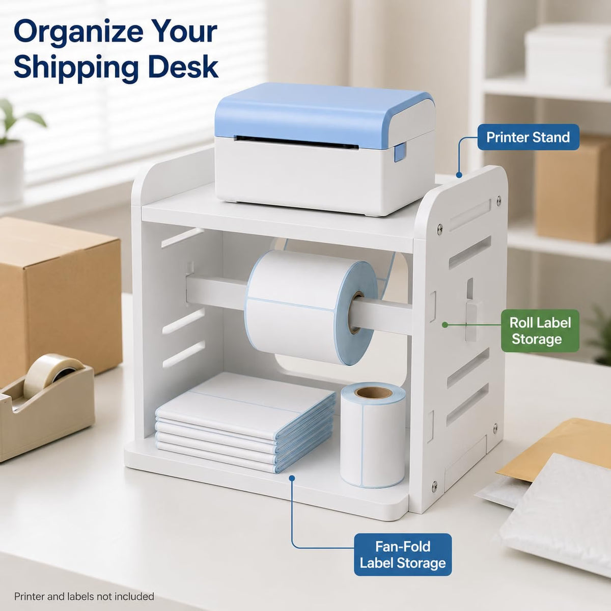HyperionFlo Essentials 3-in-1 Thermal Label Holder Stand for 4 x 6 Labels, Roll & Fan-Fold Label Organizer, White PVC