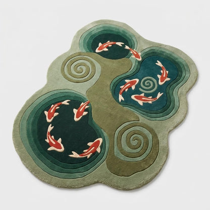 Koi Fish Pond Shaped Wool Rug, Hand-Tufted Green Zen Garden Area Rug with Koi & Water Spirals, Japanese Irregular Carpet for Living Room & Bedroom, Feng Shui Decor, 7x10 ft (213 x 304 cm)