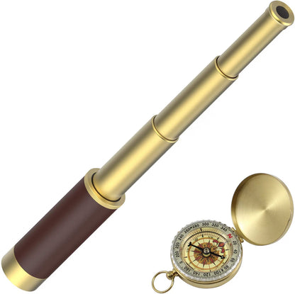 SSZS Pirate Spyglass Telescope with Pocket Compass, 25x30 Zoomable Collapsible Brass Monocular, Handheld Waterproof Telescope for Bird Watching, Hiking & Travel