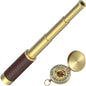 SSZS Pirate Spyglass Telescope with Pocket Compass, 25x30 Zoomable Collapsible Brass Monocular, Handheld Waterproof Telescope for Bird Watching, Hiking & Travel
