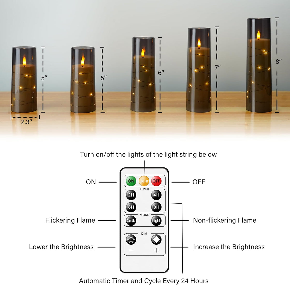 kakoya Flameless LED Candles with Timer, 5-Pc Set, Grey