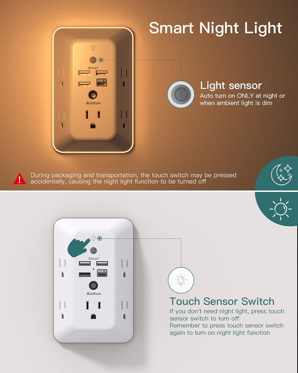 Addtam Surge Protector, 5 Outlet Extender with Night Light and 4 USB Ports