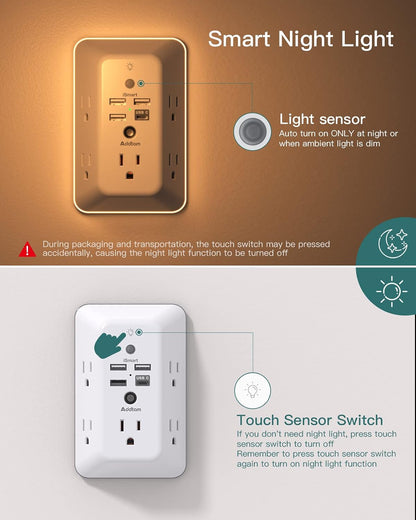 Addtam Surge Protector, 5 Outlet Extender with Night Light and 4 USB Ports