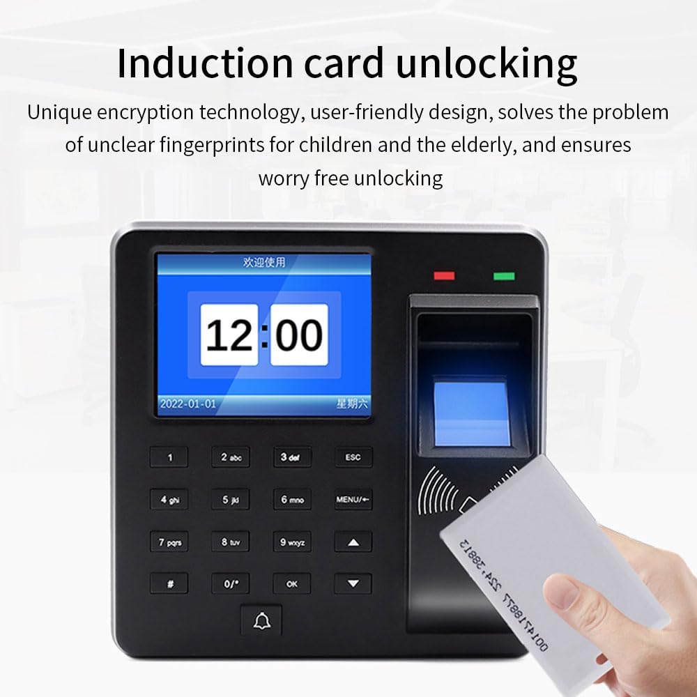 Access Control Time Attendance Machine Fingerprint Recognition/Password/Card Time Clock Employee Check-in Recorder with 10PCS Thick Card