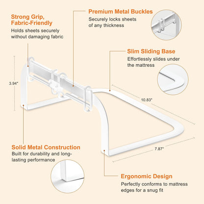 Sweetyear Upgrade Reinforced Sheet Holder, 6Pcs Metal Side Bed Sheet Holders Firm & Tight - Fit All Mattress Sizes, Easy Installation (White)