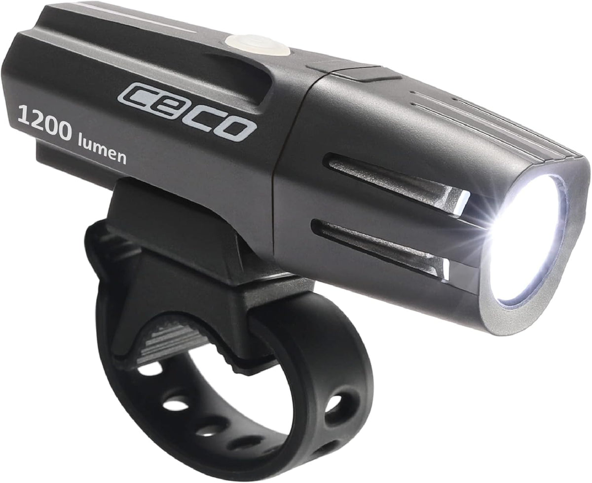 CECO F1200 1200-Lumen USB Rechargeable Bike Light, IP67 Waterproof & FL-1 Impact Resistant Bicycle Headlight with Flexible Handlebar Mount, 14 Modes, Black