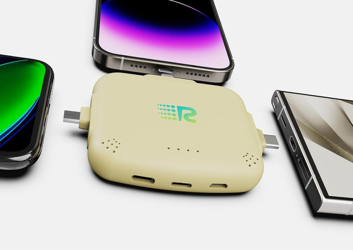 Rush Charge Universe Mini Power Bank Portable Charger Lightning USB-C Gold 3300mah, 2.4A, 3 in 1 Portable Charger Fast Charging Lightning, Type C, Micro-USB Pre-Charged Pass Through Charges 3 Devices