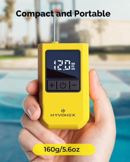 HYVOHEX Portable Electric Ball Pump with Needle, Rechargeable Sports Ball Inflator with Digital LED Display, Preset Auto-Stop Pressure, USB-C, Yellow