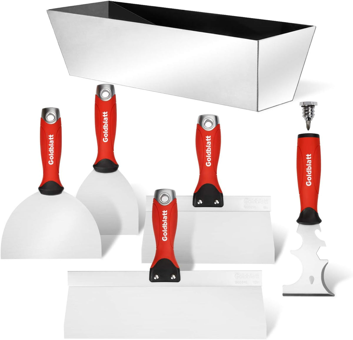 Goldblatt Drywall Hand Tool Kit, 6‑Piece Painter’s Tools Stainless Steel Putty Knives, 14 in 1 Paint Scraper, 6'' and 4'' Flex Joint Knives, 8'' and 12'' Taping Knives, 12'' Mud Pan