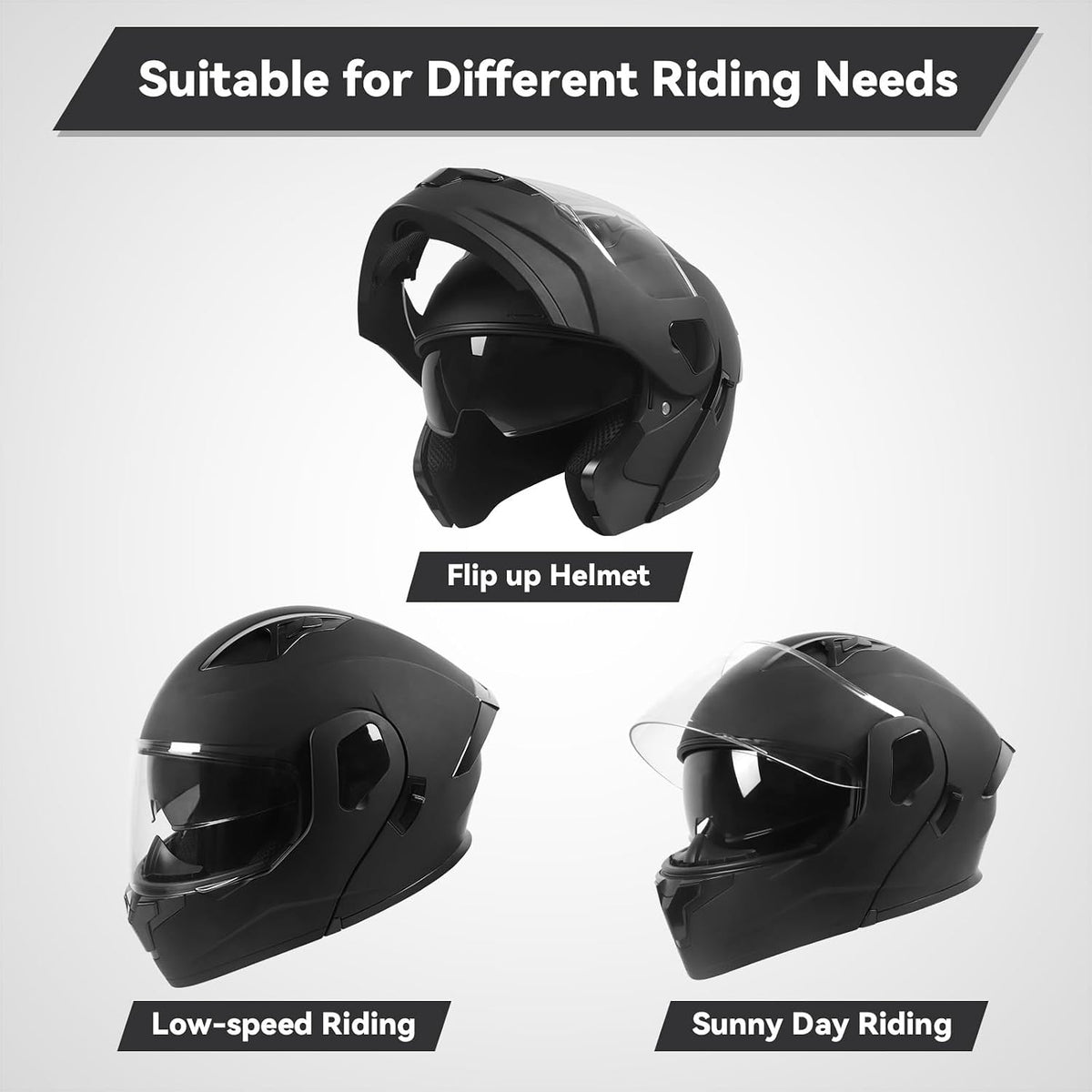 helmelkin Modular Flip-Up Motorcycle Helmet for Men & Women, DOT Approved Full-Face Helmet with Dual Visor, Ventilation & Adjustable Strap, Large, Black