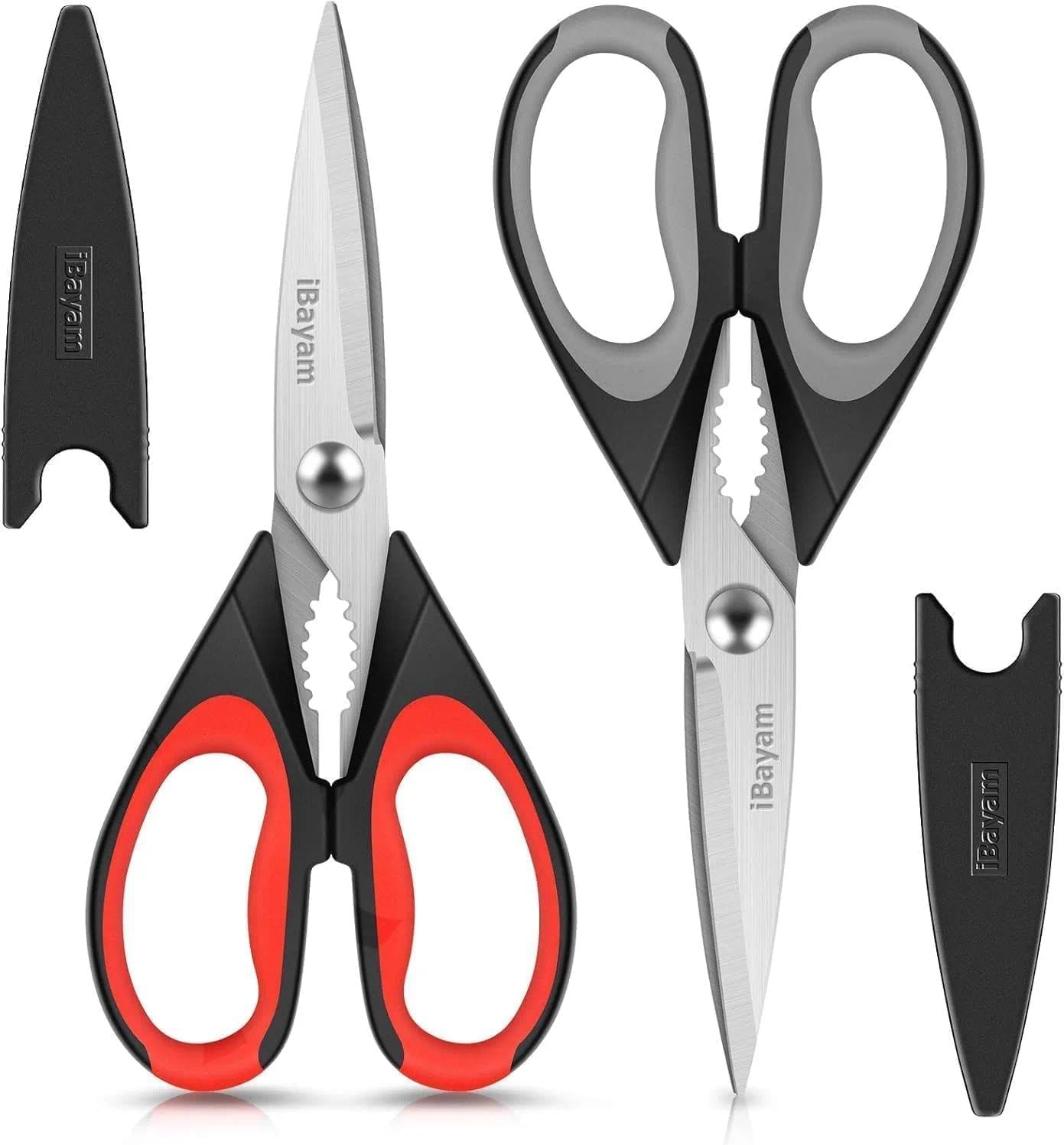iBayam Kitchen Scissors Shears All Purpose Heavy Duty, Protective Sheath, 2-Pack, Ultra-Sharp Stainless Steel Blades, Soft Comfort-Grip, Dishwasher Safe, Cutting Food, Cooking, Meat & Poultry