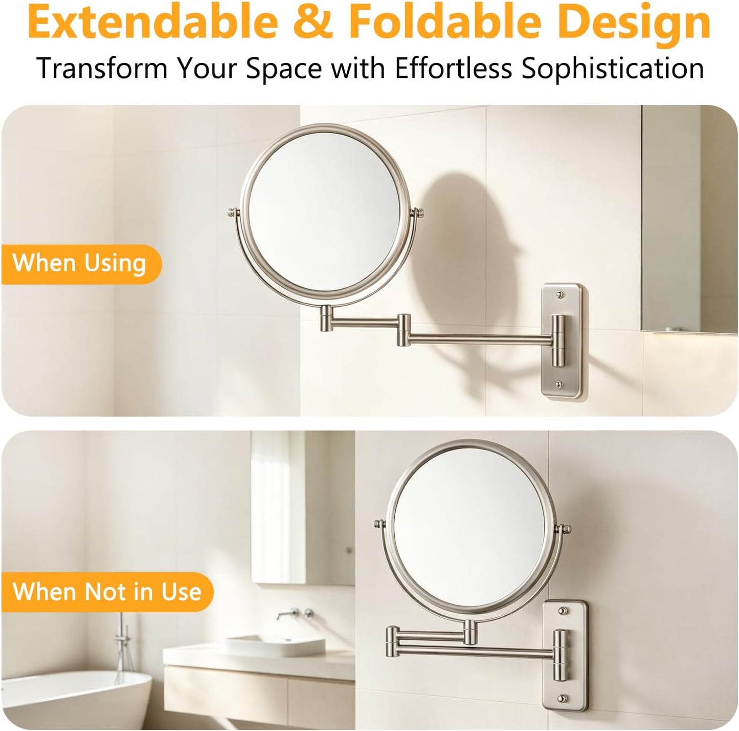 Wall Mounted Makeup Mirror - 1X/10X Magnifying Mirror Double Sided, 8 Inch Extendable Bathroom Mirror, Nickel Finish