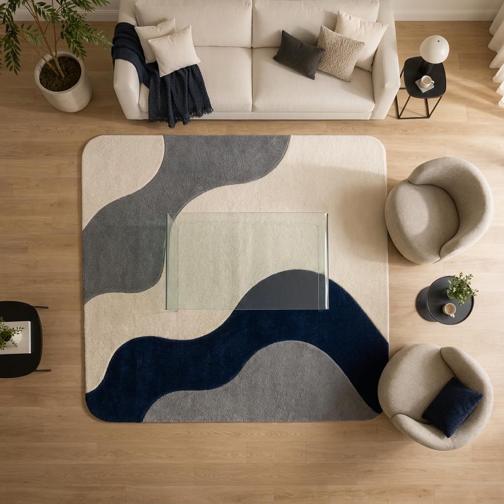 Hand Tufted Wool Area Rug 5x8 Ft Rectangular, Modern Abstract Wave Design Carpet, Navy Blue Grey & Ivory Contemporary Handmade Floor Rug for Living Room & Office