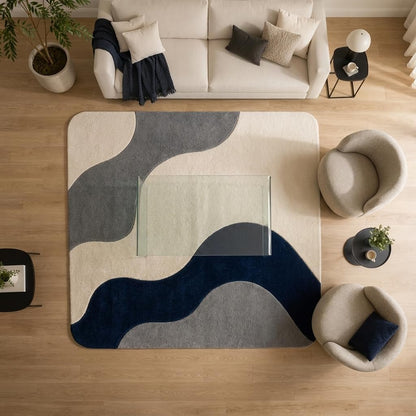 Hand Tufted Wool Area Rug 5x8 Ft Rectangular, Modern Abstract Wave Design Carpet, Navy Blue Grey & Ivory Contemporary Handmade Floor Rug for Living Room & Office