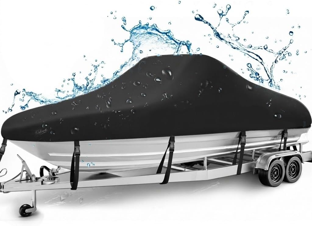 Horonaxo Boat Cover, 17-19ft 900D Waterproof V-Tri Hull, Up to 96" Beam Width, Heavy-Duty Trailerable Cover for Fishing, Runabout & Bass Boats
