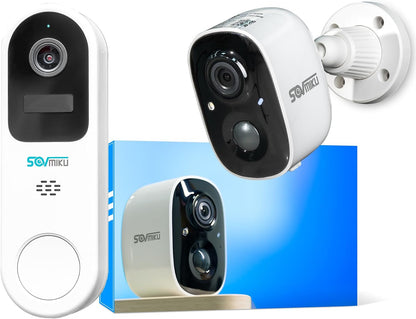 SOVMIKU CG6S Security Camera and DB3 2K Smart Video Doorbell with Chime, Battery Powered, PIR Motion Detection, Two-Way Audio, Color Night Vision, 2.4GHz Wi-Fi