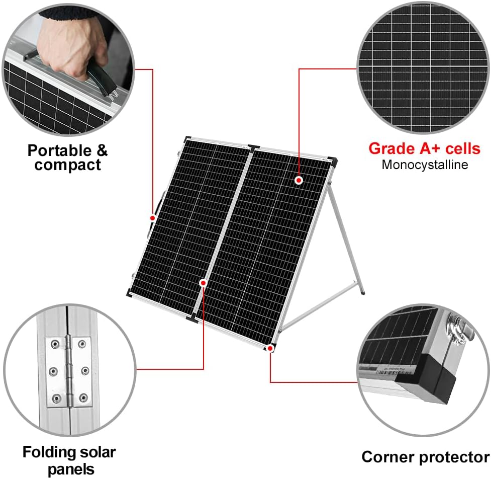 DOKIO 150W Foldable Solar Panel Suitcase with Charge Controller, Gray Folds to 17.7 x 35.8 in and weighs 22.4 lb; for 12V batteries, power stations, RVs, boats, camping, and emergencies