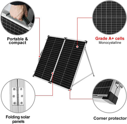 DOKIO 150W Foldable Solar Panel Suitcase with Charge Controller, Gray Folds to 17.7 x 35.8 in and weighs 22.4 lb; for 12V batteries, power stations, RVs, boats, camping, and emergencies