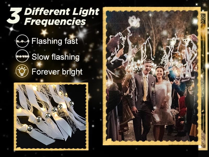 HONLYNE 100PCS Light Up Wedding Wands, LED Fairy Ribbon Wands with Bells, 3 Flashing Modes, Warm White Wedding Send-Off Streamers for Parties, Concerts & Celebrations
