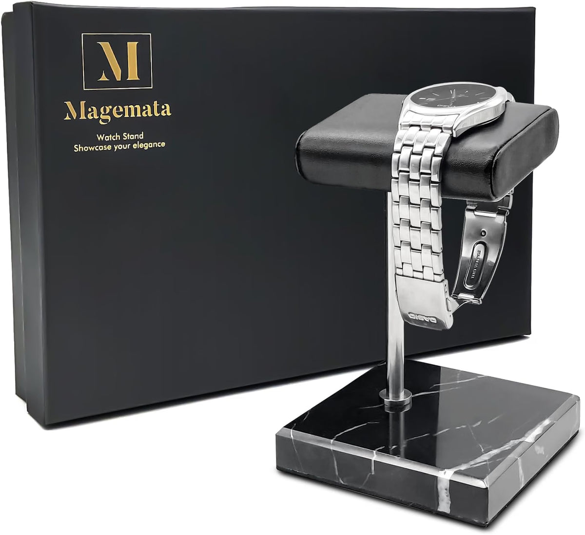 Magemata Single Watch Stand for Men & Women, Black Marble Watch Display Holder with Leather Cushioned Pad, Jewelry & Bracelet Organizer, Elegant Watch Display Stand