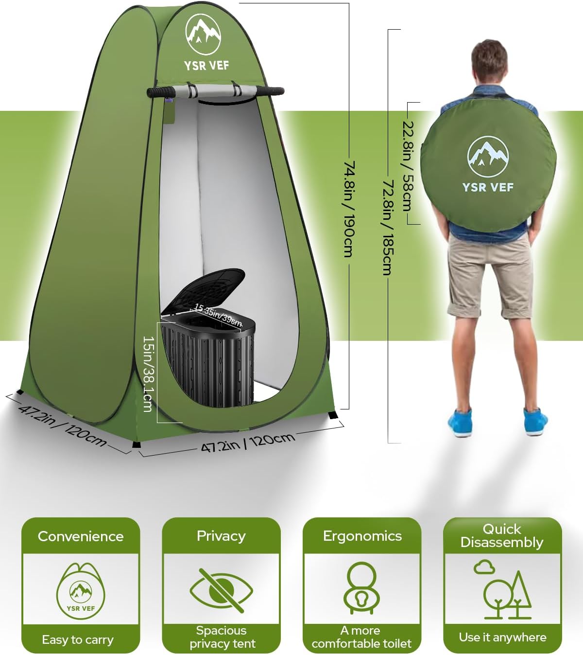 YSR VEF Portable Camping Toilet with Pop-Up Privacy Tent, Foldable Camping Toilet Kit with 12 Waste Bags, 12 Liquid Waste Gel Packs & Ground Stakes, Black & Green
