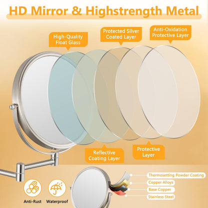 Wall Mounted Makeup Mirror - 1X/10X Magnifying Mirror Double Sided, 8 Inch Extendable Bathroom Mirror, Nickel Finish