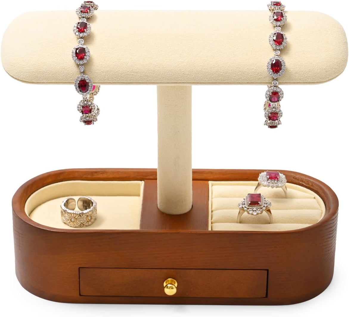 Oirlv Solid Wood Watch Stand with Drawer, T-Bar Watch Holder & Jewelry Organizer for Men and Women, Bracelet, Bangle, Ring & Earring Display, Creamy White