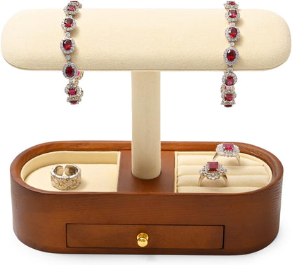 Oirlv Solid Wood Watch Stand with Drawer, T-Bar Watch Holder & Jewelry Organizer for Men and Women, Bracelet, Bangle, Ring & Earring Display, Creamy White